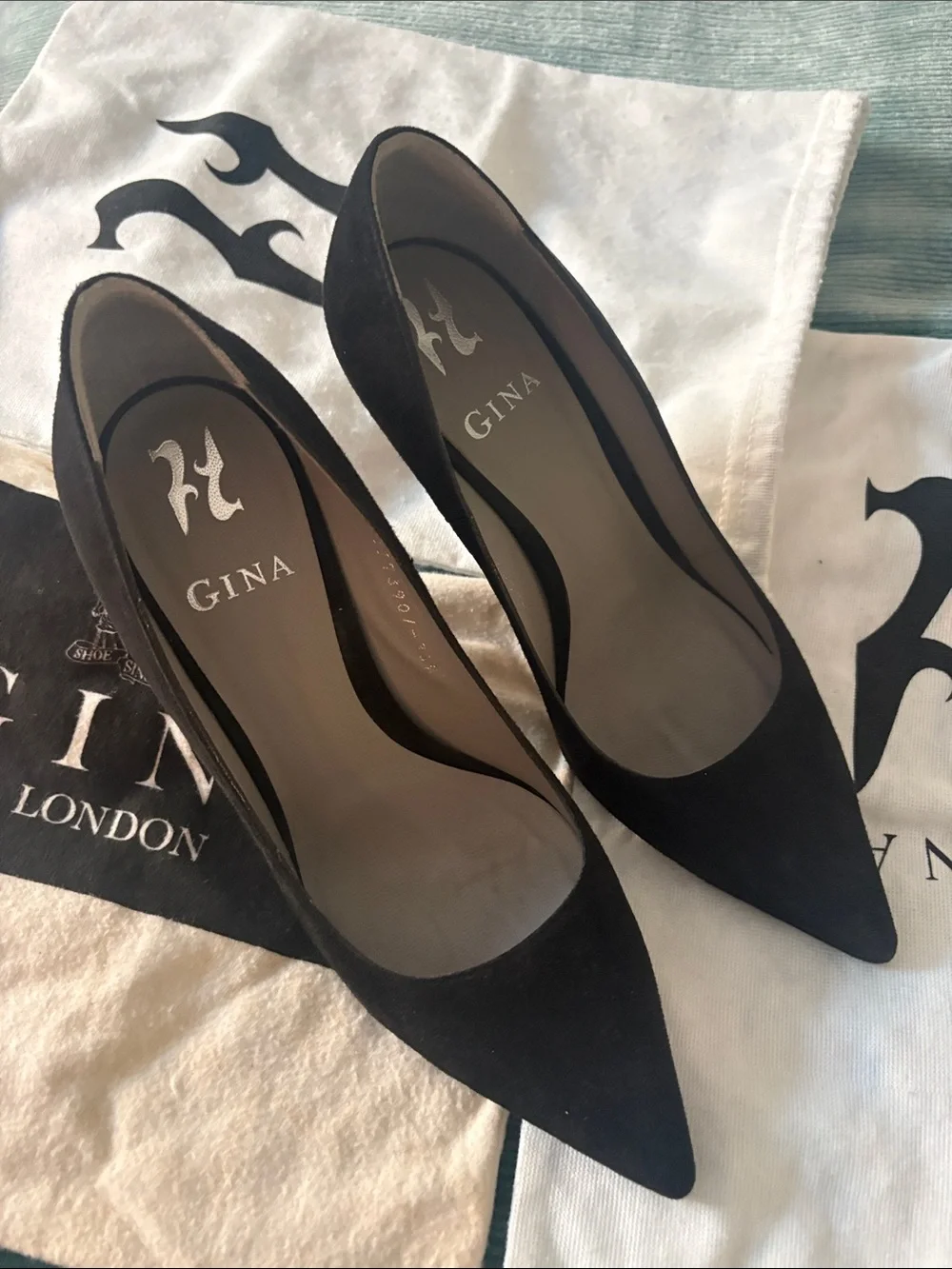 Gina London Black Suede Pointed-Toe Pumps with Slim Heel